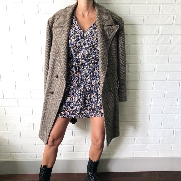 Vintage brown wool tweed herringbone oversize lined coat XL - Picture 2 of 14